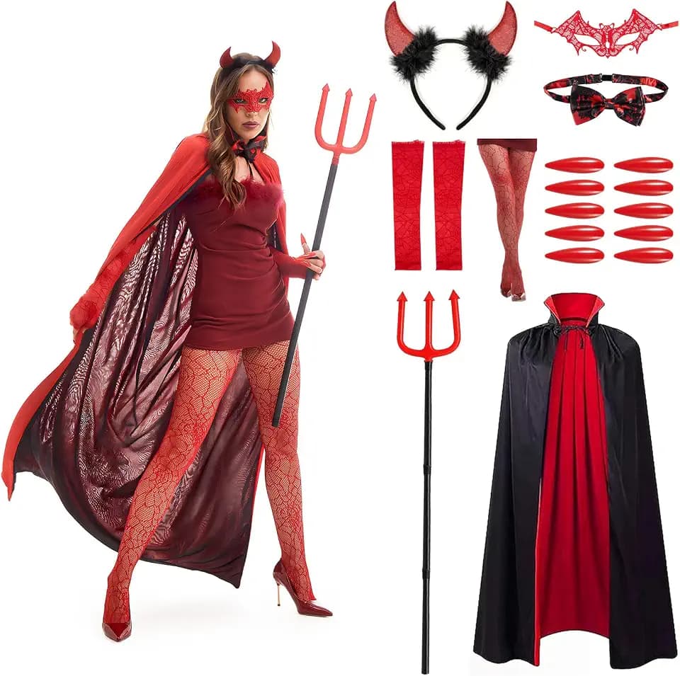 19 IN 1 Faschingskostüme Damen Teufel Kostüm - Teufel Karneval Kostüm Damen, Karnevalskostüme - Teufelshörner, Teufel Umhang, Dreizack, Karneval Leggings