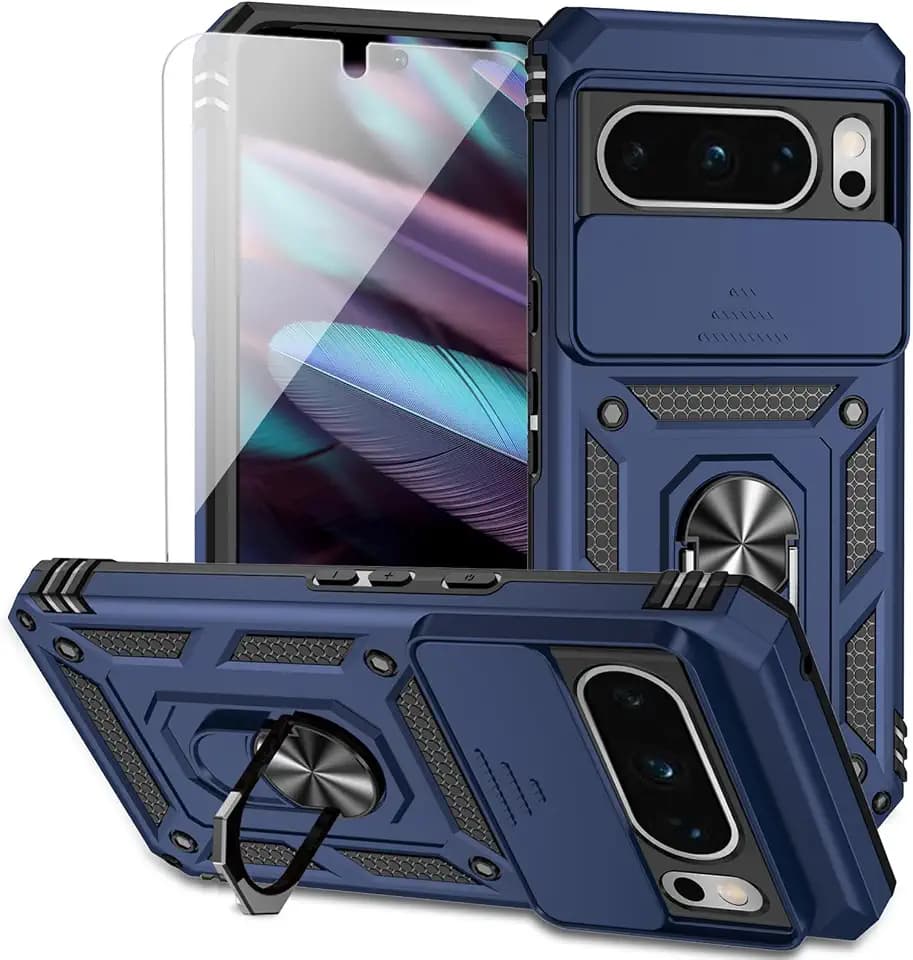 for Google Pixel 8 Pro Case with Slide Camera Cover HD Screen Protector [Military Grade 16ft. Drop Tested] Magnetic Ring Holder Kickstand Protective Phone Case for Google Pixel 8 Pro 2023, Navy Blue