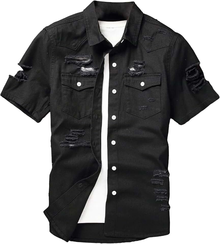 Floerns Men's Causal Ripped Button Front Pocket Short Sleeve Denim Shirt