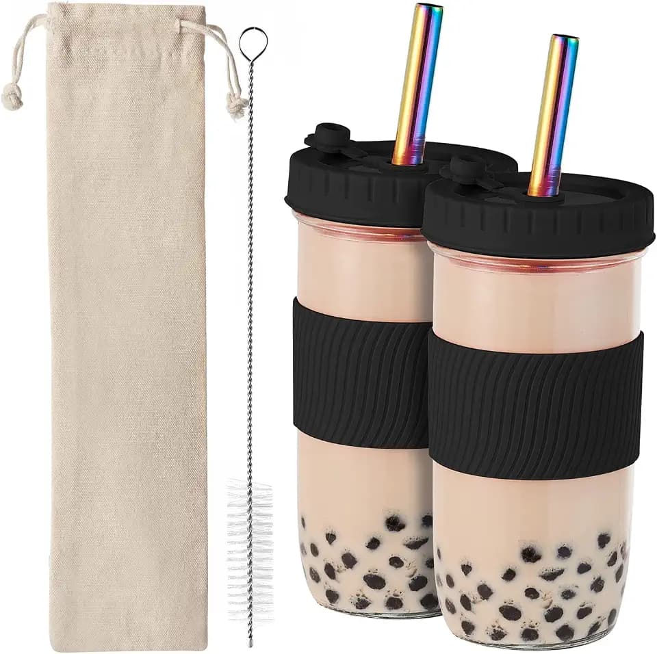 Amyoole 2 Pack Reusable Boba Cup, 24 oz Black Wide Mouth Smoothie Cup