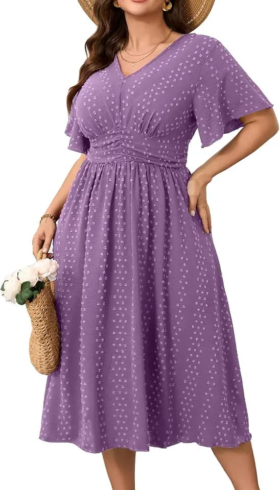 RWJ Women's Plus Size Maxi Dress V Neck Short Sleeve Swiss Dot Swing Summer