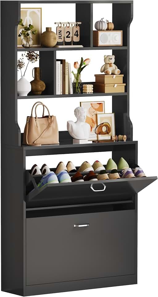 IRONCK Schuhschrank mit 2 Klappen, Schuhkipper Schmal, Schuhregal offenes Fach, Hohe Schuhaufbewahrung Holz Schuhkommode mit verstellbaren Trennwände für Flur Eingang Wohnzimmer, 24x80x165cm, Schwarz