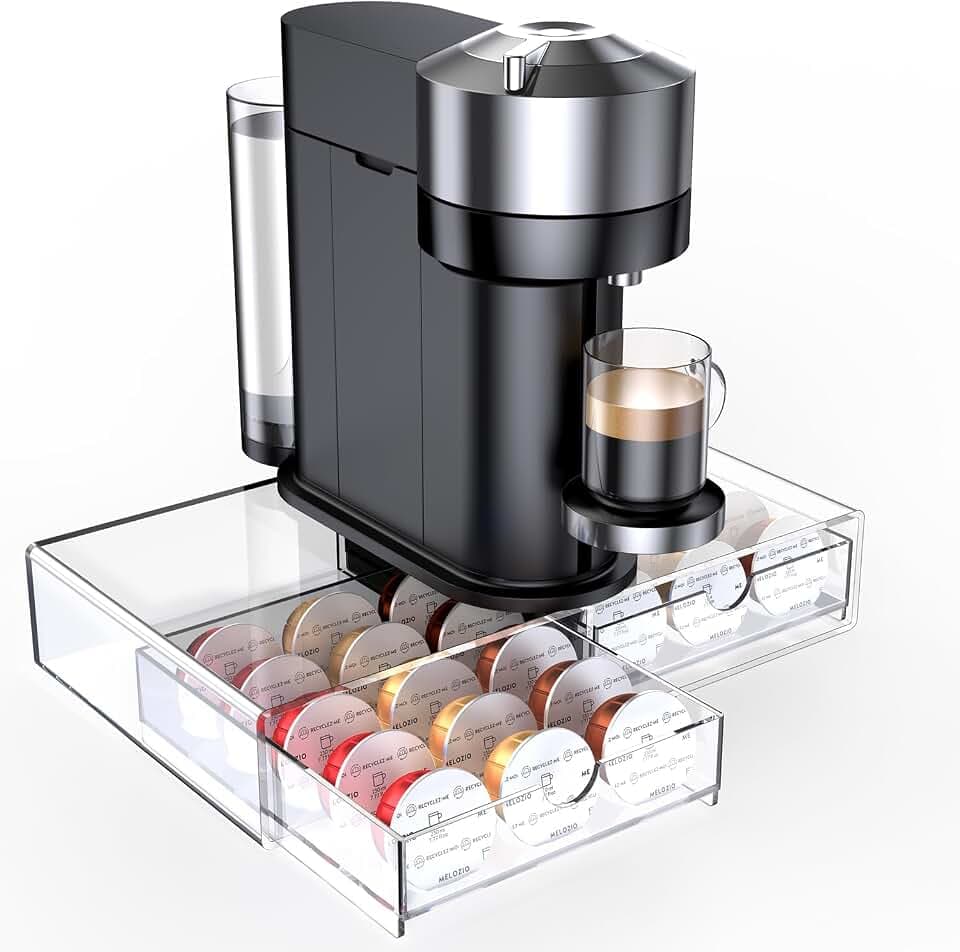 Compact Clear Acrylic Coffee Pods Drawer Organizer Compatible with Nespresso Vertuo Pods, Easy to See the Available Capsules Options, Smooth Pull-Out, Holds 30 Capsules for Small Countertop