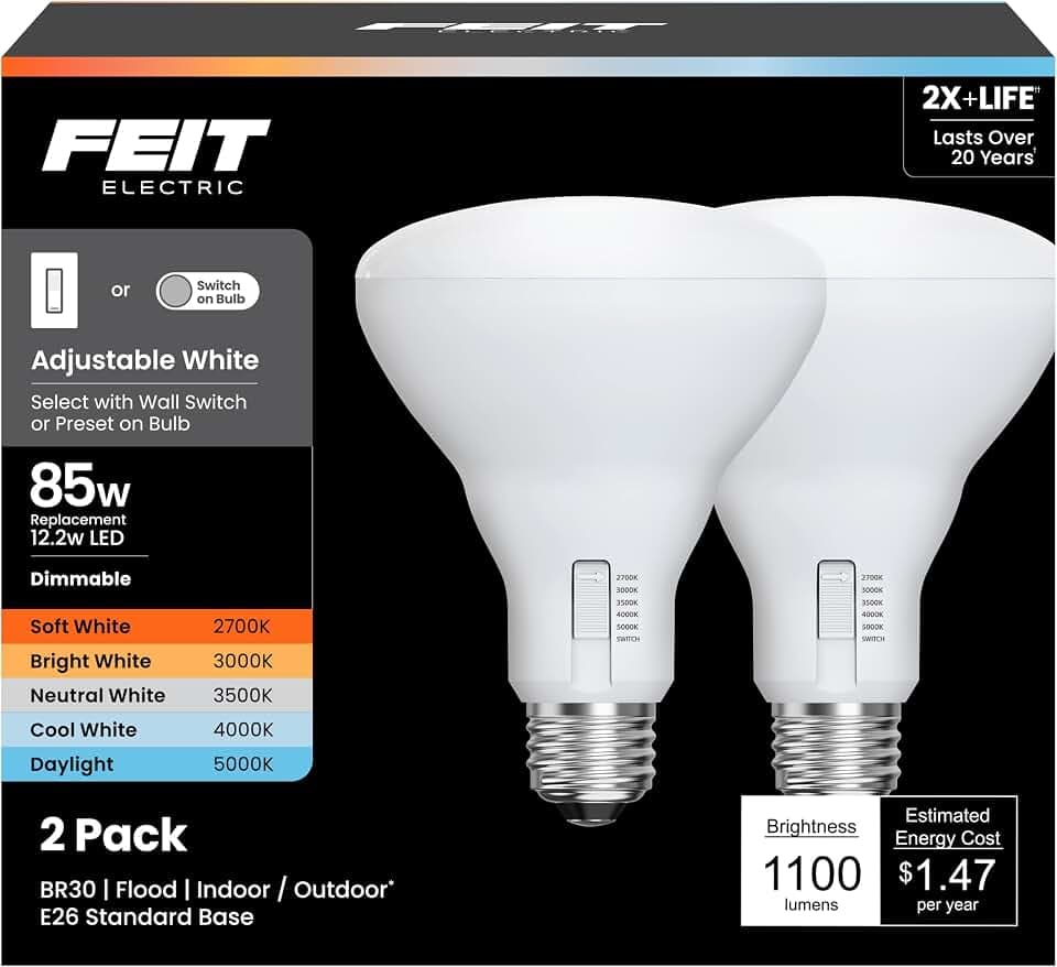 Feit Electric BR30 LED Light Bulb, 85W Eq, 5CCT 6Way, 2 Pack