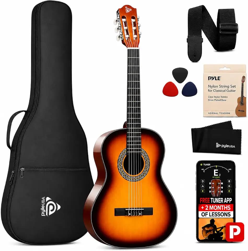 Pyle Beginner Acoustic Guitar Kit, 3/4 Junior Size All Wood Instrument with Full Accessory Kit, Picks, Shoulder Strap, Carry Case, Cleaning Cloth, Tuner App, 2 Month Lessons, 36” (Sunburst Gloss)
