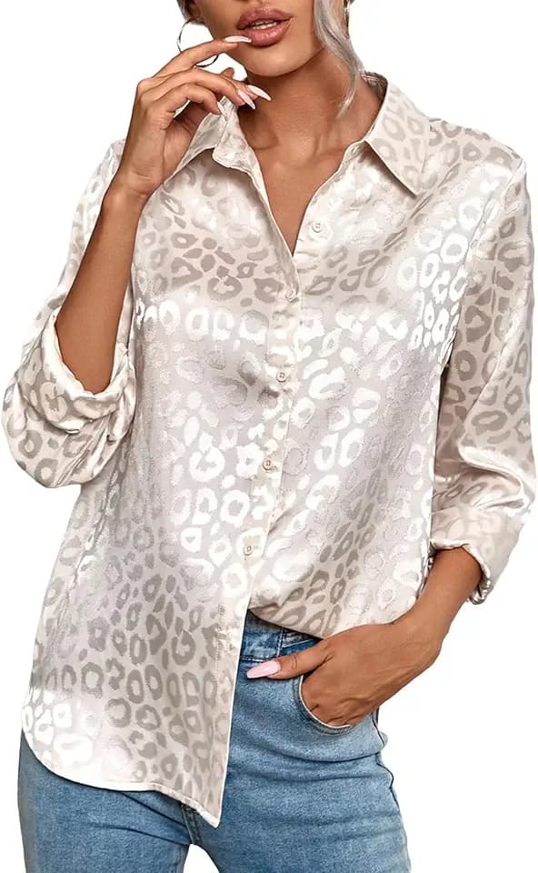 Floerns Women's Elegant Jacquard Long Sleeve Satin Button Down Shirt Blouse