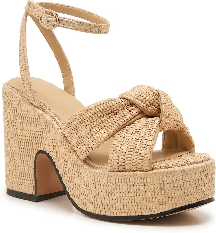 Women’s Raffia Platform Sandals with Cross Knotted Woven Upper, Open Toe Block Heel, Adjustable Ankle Strap Chunky Summer Heels for Vacation Party