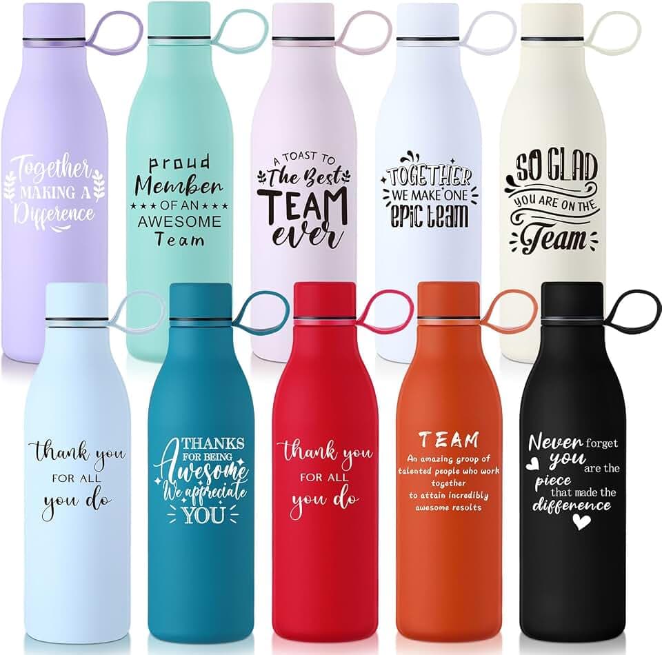 Bokon 10 Pcs Employee Appreciation Gifts 17oz Thank You Water Bottle Bulk with Silicone Handle Inspirational Stainless Steel Bottle Gifts for Teacher Nurse Graduation End of School Year(Different)