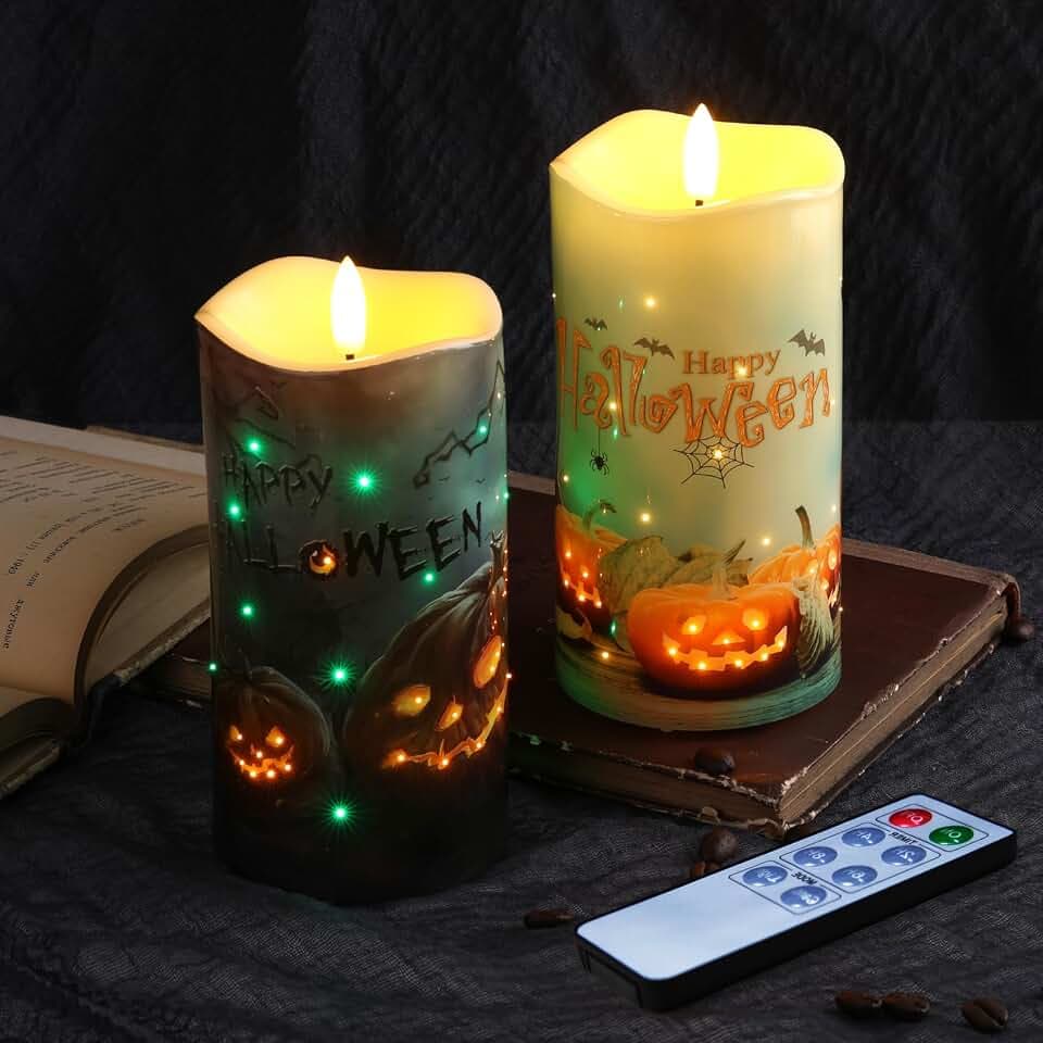 Eywamage Halloween Pumpkin Fiber Optic Flameless Pillar Candles with Remote