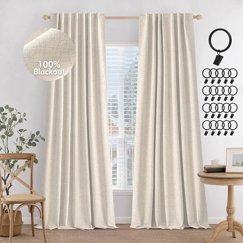 MIULEE 100% Blackout Linen Curtains & Drapes 108 Inches Long Natural Beige