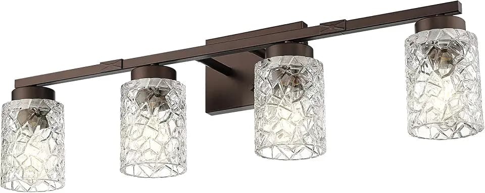 Emliviar 4 Light Bathroom Vanity Light, Farmhouse 31 Inch Bath Sconce Wall Lighting, Clear Geometric Glass, Oil Rubbed Bronze, HE294B-4W ORB