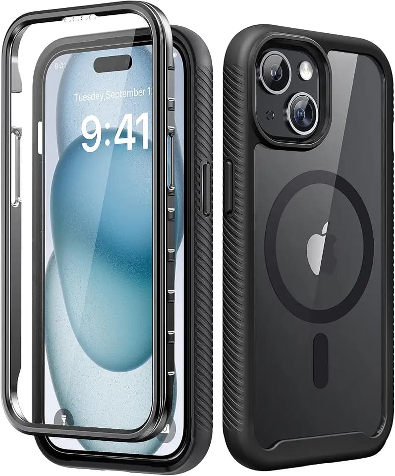 Magnetic for iPhone 15 Case with Built-in Sensitive Screen Protector, Full-Body Dual Front & Back Protective Phone Case [Compatible with MagSafe] Drop Proof 15 Cover 6.1 Inch, Black
