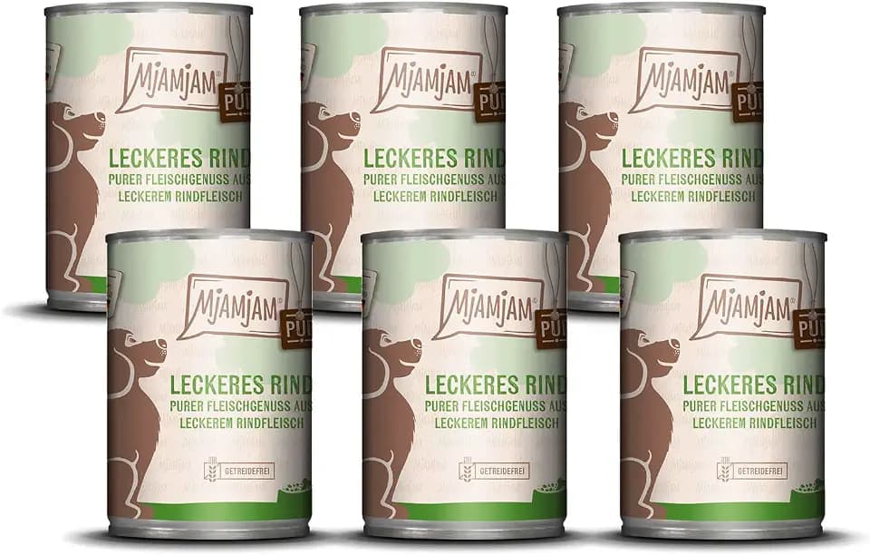 MjAMjAM - Premium Nassfutter für Hunde - Purer Fleischgenuss - leckeres Rind pur, 6er Pack (6 x 400g), getreidefrei mit extra viel Fleisch