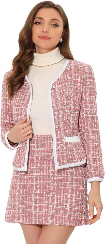 Allegra K Business-Anzug-Set für Damen, 2-teilig, kariert, Tweed, Ostern, kurze Blazer-Jacke und Rock-Sets