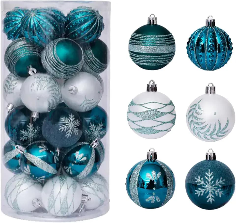 30 Stück Weihnachtskugeln Weihnachtsdeko Set Blau und Weiß, 6cm Weihnachtsbaumschmuck Weihnachtskugeln Handbearbeitet mit Aufhänger für Christbaumschmuck & Weihnachten Deko Christmas Balls Blue