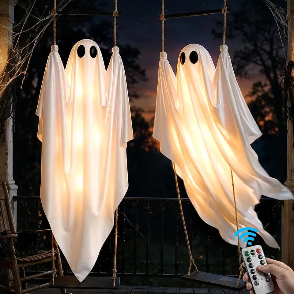 DUSFAN 2 Pack Halloween Decorations Outdoor, 5 FT Pre-Assembled Hanging Swinging Ghosts with Adjustable Arms, 8 Light Modes, Remote & Timer, Indoor & Outdoor Ghost Decor for Porch, Yard, Garden & Tree