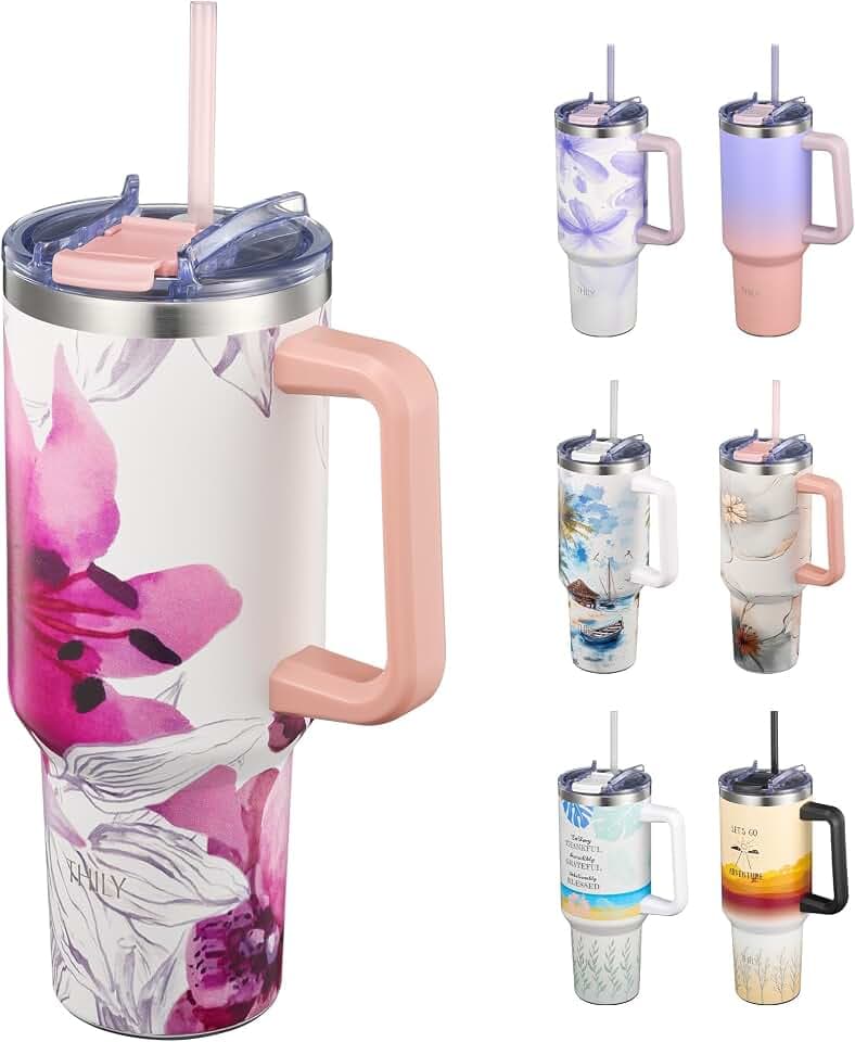 THILY 40 oz Stainless Steel Tumbler with Handle - Vacuum Insulated Travel Cup, Splash-Proof & Leakproof Lid, 2 Straws & Brush | Keeps Cold 34H/Hot 12H, Cupholder Friendly, Lotus Flower