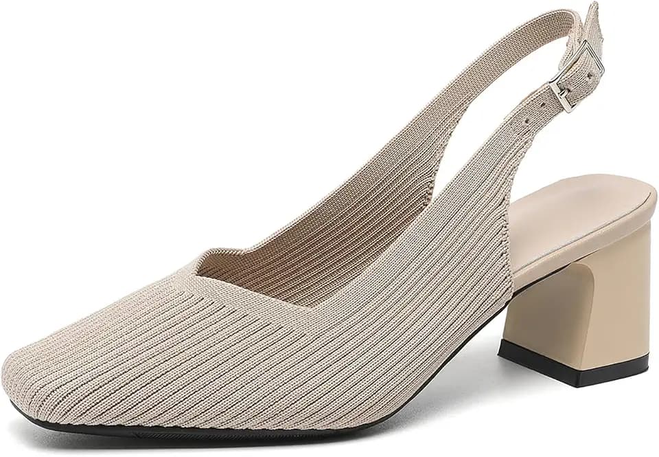 Women's Knit Slingback Heels Pumps with Adjust Ankle Strap Fashion Breathable Closed Square Toe Chunky Heel Mules Sandals Work Office Wedding Dressy Shoes