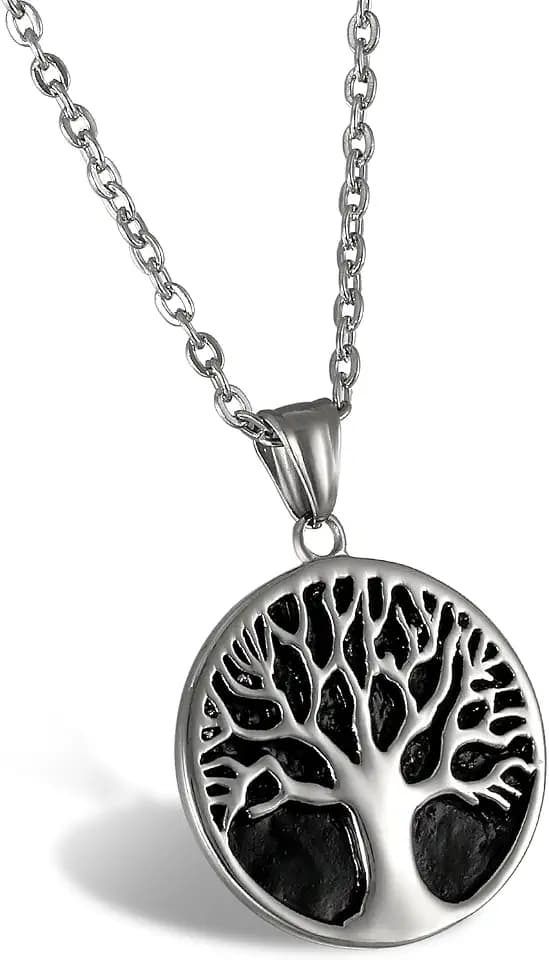 OIDEA Herren Halskette mit Lebensbaum Kreis Anhänger, O Kette Weizenkette aus Edelstahl, Silber Schwarz