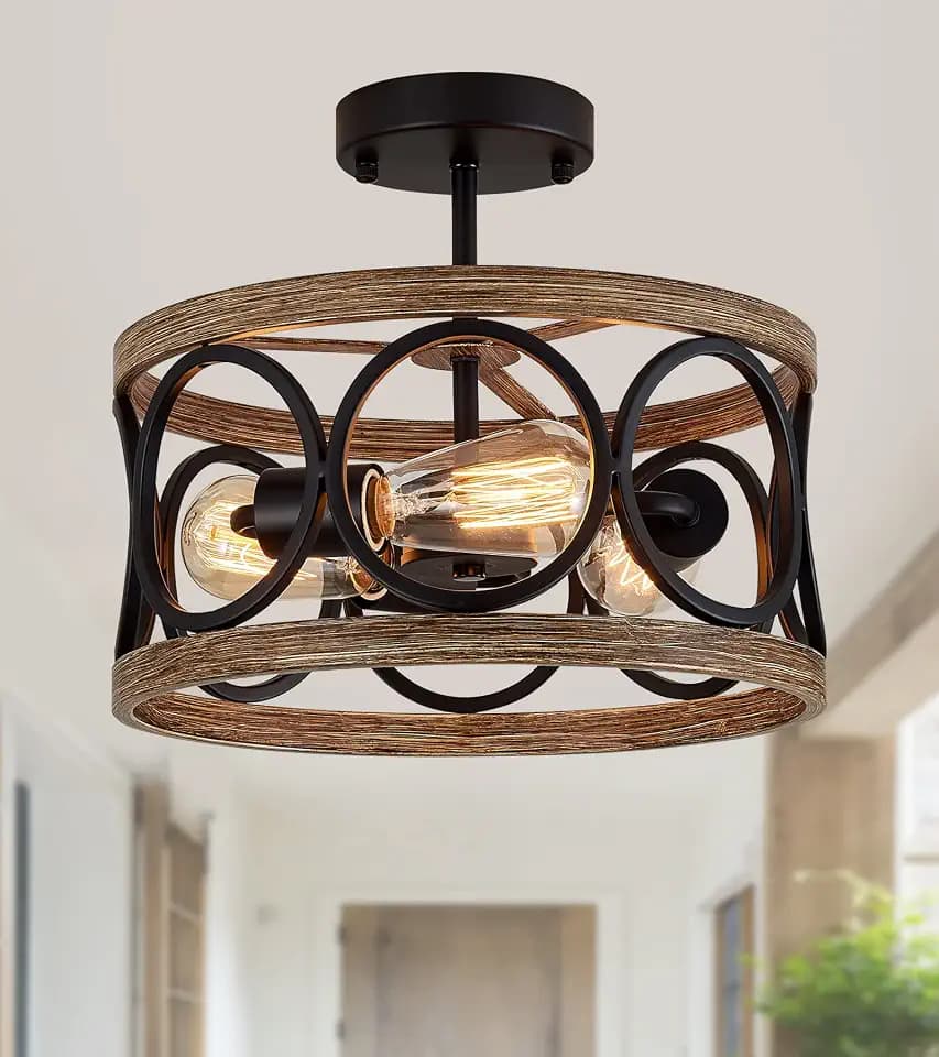 MEIXISUE Semi Flush Mount Modern Farmhouse Ceiling Light Fixtures,3-Lights Black and Retro Wood Finish,Drum Shade Rustic Light Fixtures for Entryway Hallway Foyer Kitchen Dining Room Bedroom