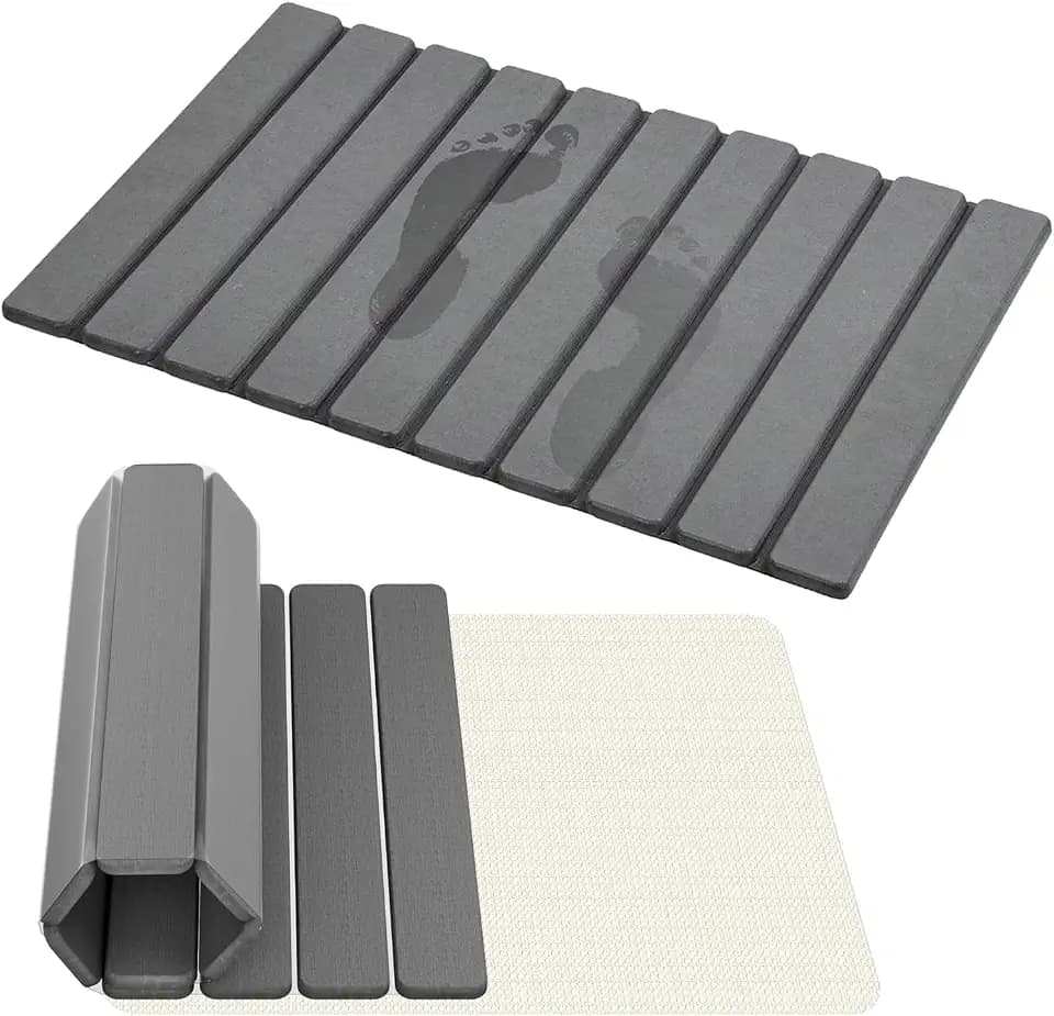 Foldable Stone Bath Mat, Absorbent Diatomaceous Earth Mats, Non-Slip 23.6 x 15.5 Inch Quick Drying Mat, Compact and Easy to Store Bath Mats for Bathroom, Easy to Clean, Grey