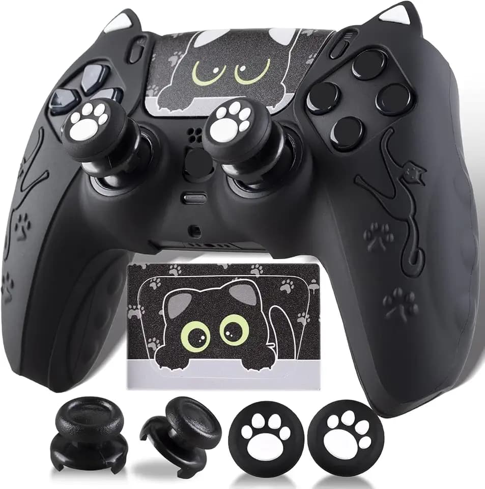 1 x Silikon-Aufkleber und Verlängerungsgriffe für PS5-Controller, Katzen, Schwarz