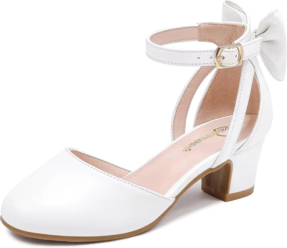 Girls Heels Dress Shoes Flower Girl Pumps with Cute Bow Closed Toe
