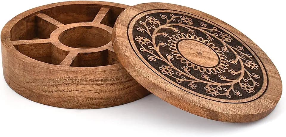 Salt & pepper Shaker Premium Acacia Wood Spice Storage Box with Floral Engraving – 7 Compartment Round Organizer for Seasonings, Herbs (8” X 8” X 2.25”)