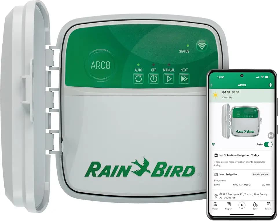 Rain Bird ARC8 App-Based Indoor/Outdoor Smart WiFi Irrigation Sprinkler Timer/Controller, 8-Zone/Station, EPA WaterSense Certified, Compatible with Alexa, Indoor/Outdoor 8-Station