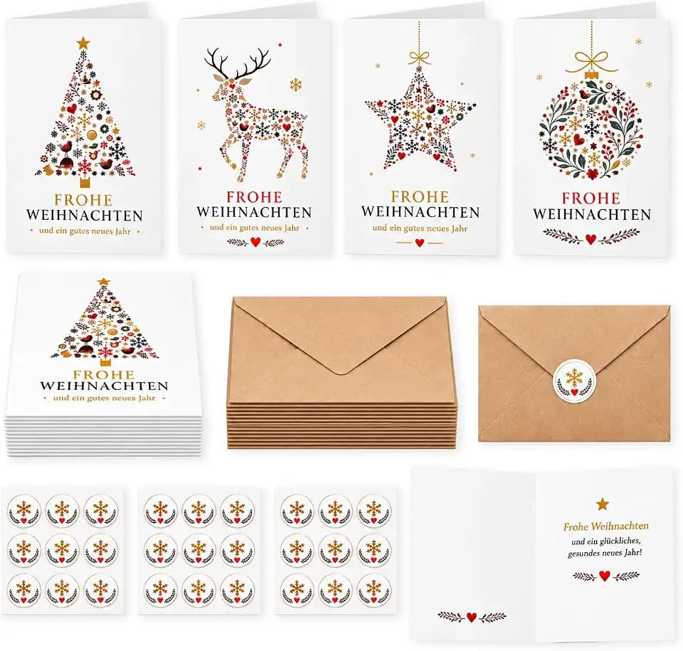 Weihnachtskarten mit Umschlag Set, 20 Stück Weihnachtskarten und 20 Stück Kraftpapier Umschläge, mit 3 Aufkleber