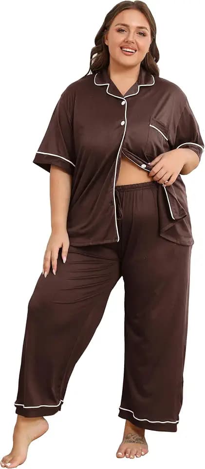 Vozanet Women's Plus Size Pajamas Button Down Shirt and Pants Soft Lounge Sets Bride Nighty Bottom with Pockets 1x to 5x