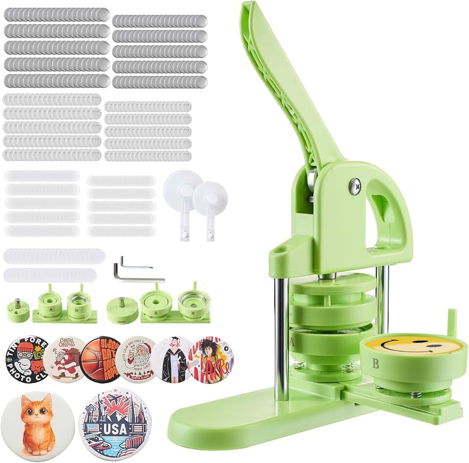 VEVOR Button Maker Machine, 1.25/2.25 inch 2-in-1, Plastic Pin Maker with 200 pcs Button Parts, Circle Cutter and Magic Book, Reinforced Ergonomic Handle, for DIY Badges, Personalized Pins, Green