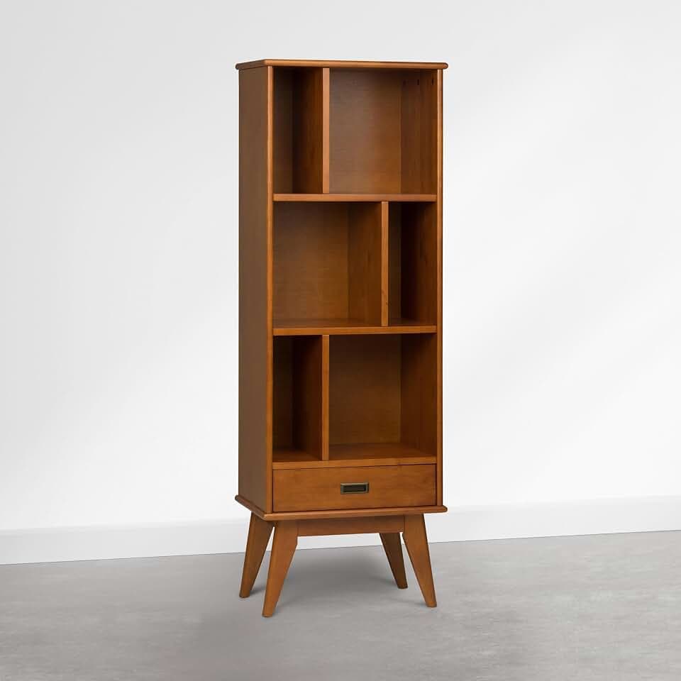 SIMPLIHOME Draper 22W x 64H Solid Wood Bookcase in Tawny Brown Teak