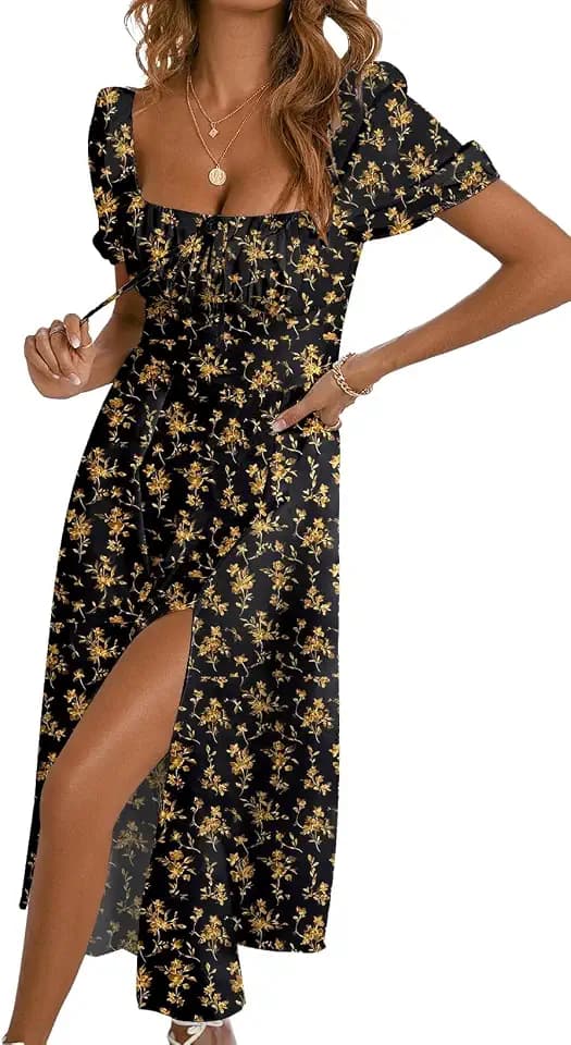 BLENCOT Womens Casual Summer Square Neck Short Sleeve Split Thigh Cotton Dress Boho Floral Print Tie Front Midi Dresses