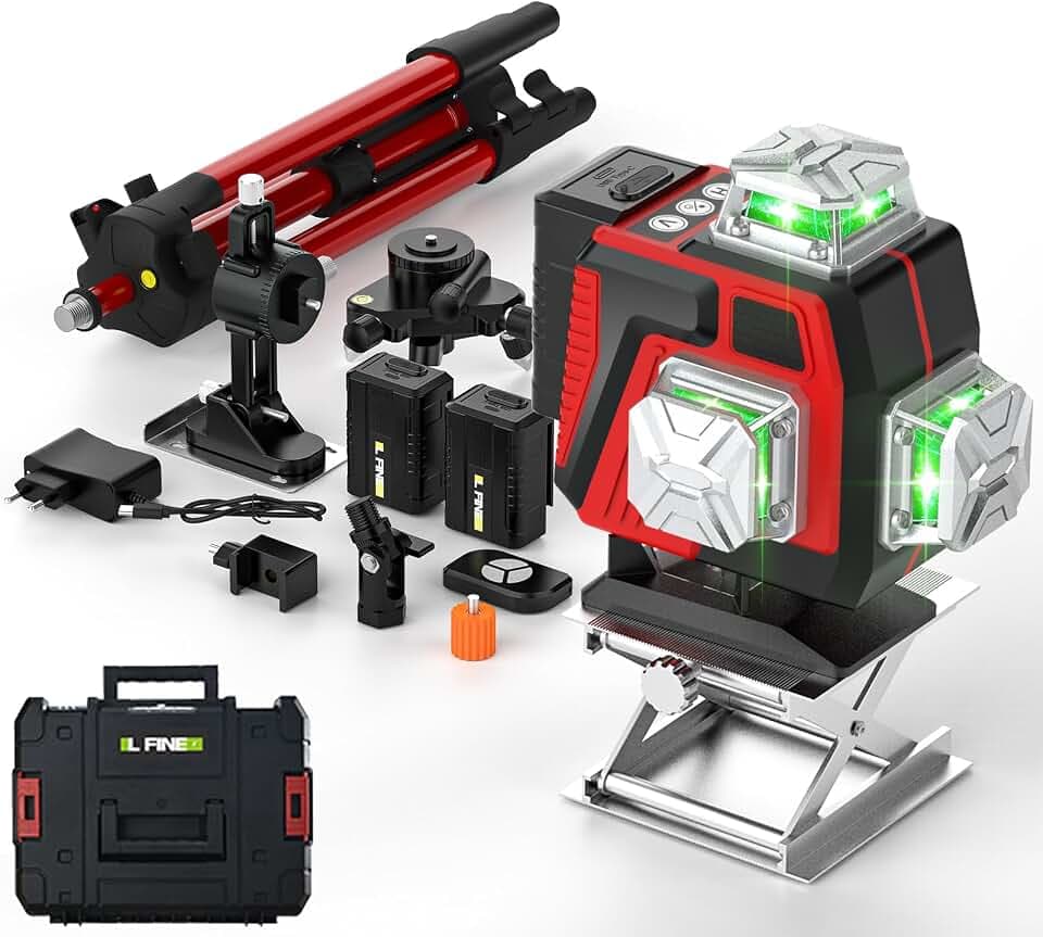 4D 16 Linien Kreuzlinienlaser Grün mit Fernbedienung, Selbstnivellierend ±3°, 2 Akkus, 360° Magnethalterung, Stativ 1m, Laser Level mit Koffer und Zubehör Niveau Wasserwaage Hohe