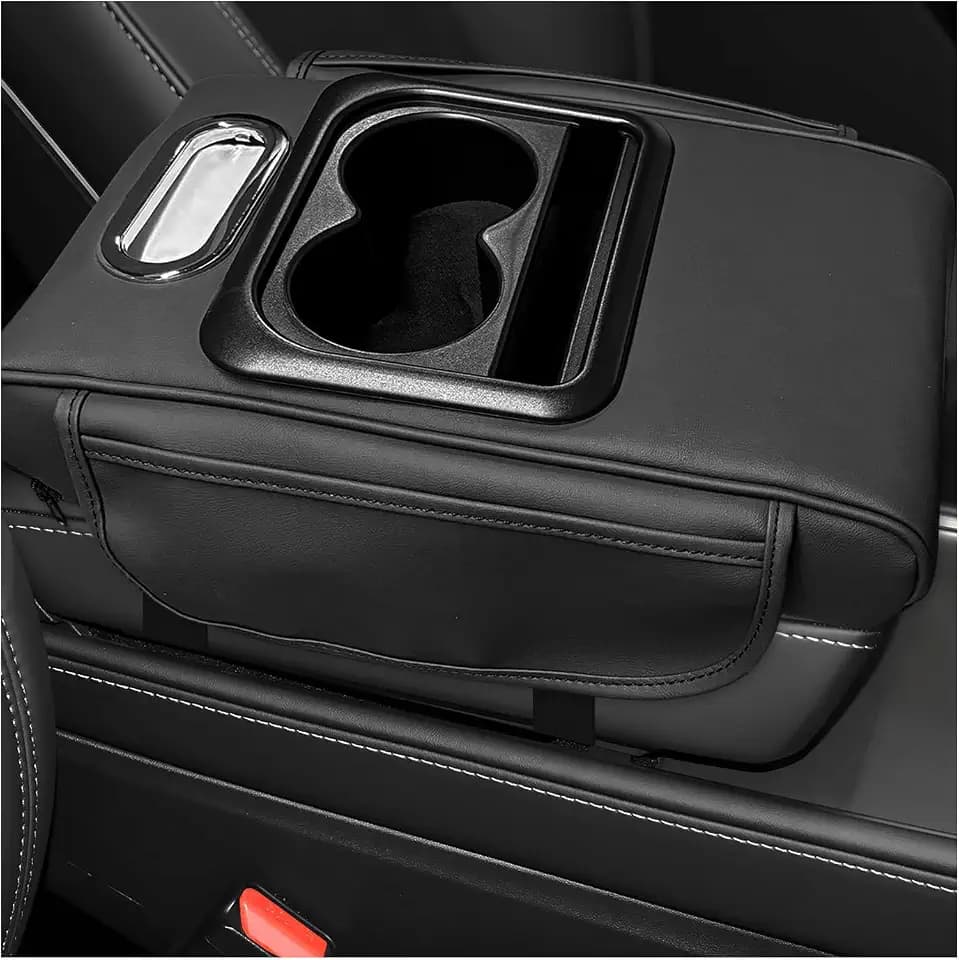 Car Center Console Armrest Pillow, 5-in-1 Armrest Cover with 2 Storage Bags Tissue Box Cup & Phone Holder, Comfy Arm Rest Cushion Leather Vehicle Middle Console Organizer (Black, Normal)