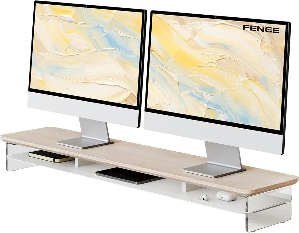 Fenge 42.5" Dual Monitor Stand with Clear Acrylic Legs, Oak