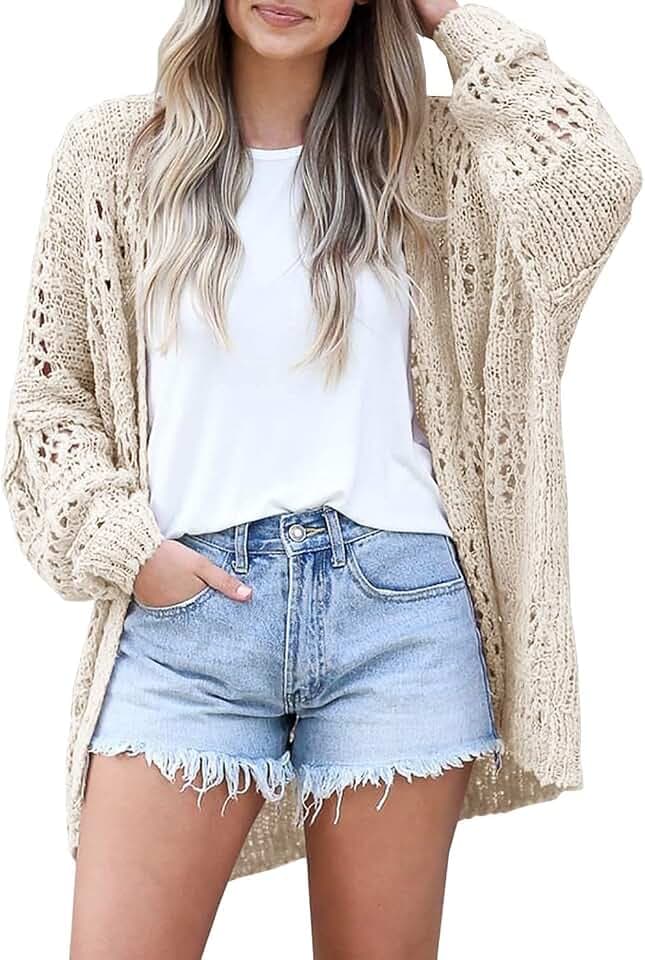 Cicy Bell Damen-Strickjacke, gehäkelt, Kimono, Boho, langärmelig, leicht, weich, übergroß, vorne offen