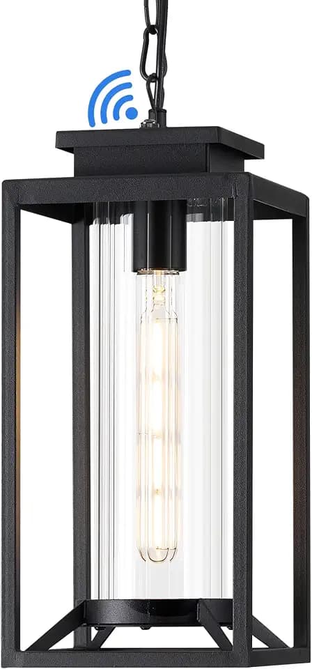 Outdoor Pendant Light, 14" Large Dusk to Dawn Outdoor Chandelier Lantern with Sensor, Black Modern Exterior Hanging Porch Light with Cylinder Glass, Adjustable Long Chain, OS-KY1002