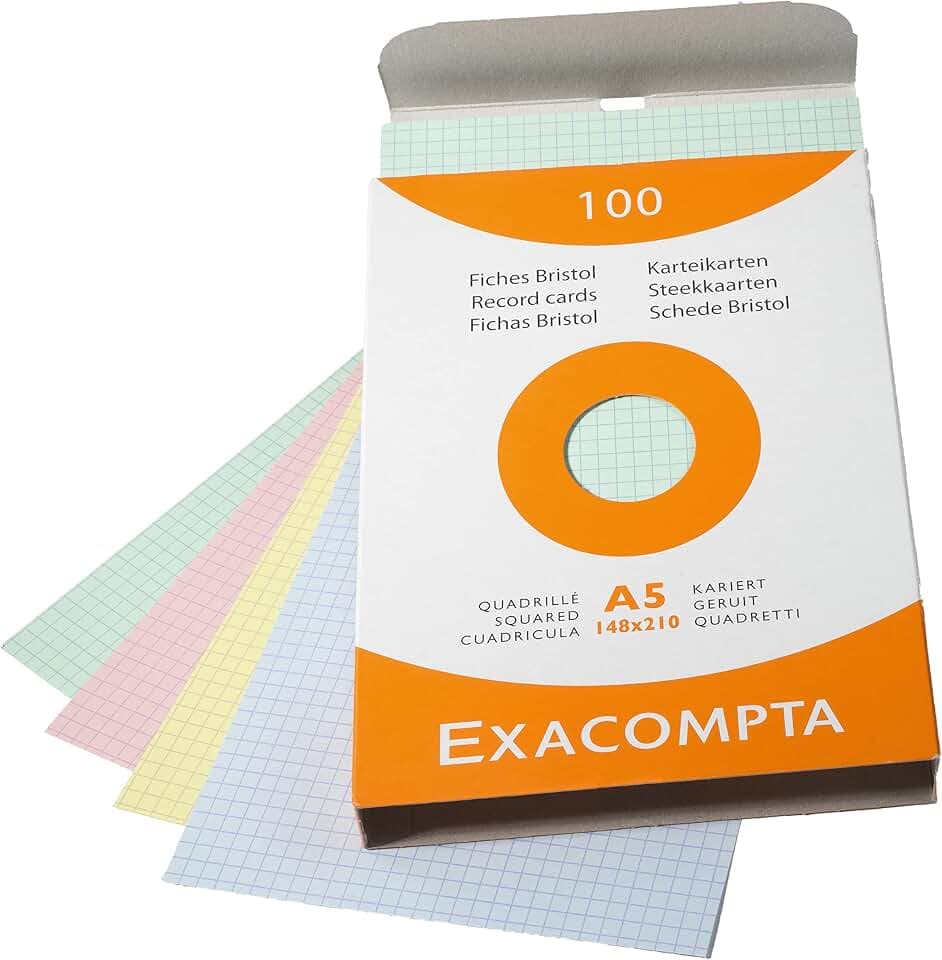 Exacompta 13378E Karteikarten (205q/qm Karton, holzfrei, DIN A5, kariert, ungelocht) 100er Pack gemischte Farben
