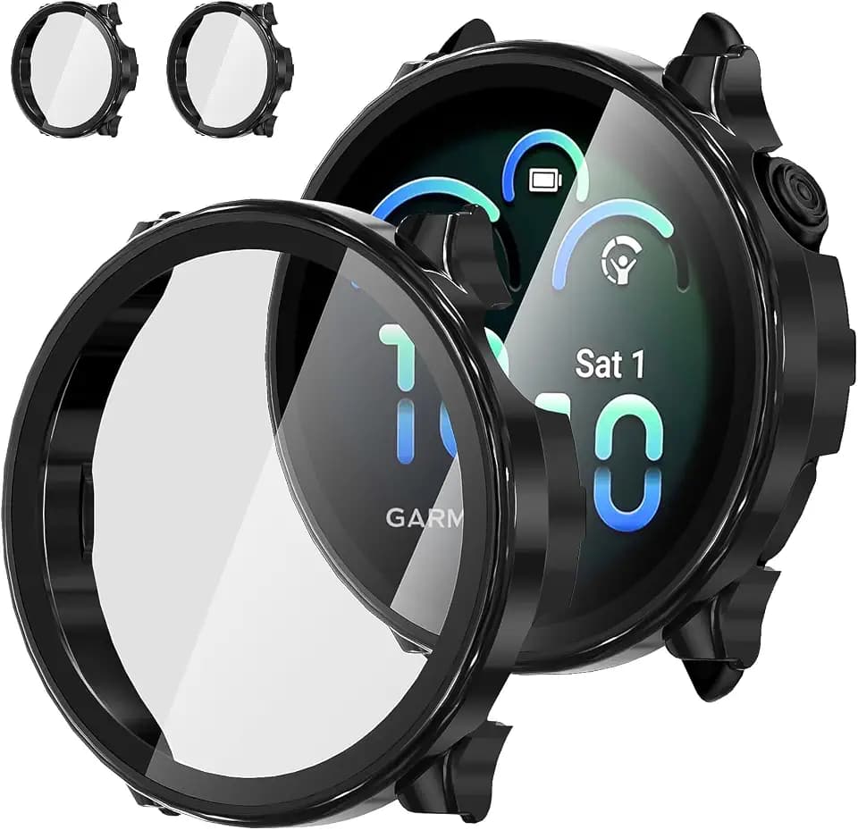 Diruite 2 Stück Hülle für Garmin Vivoactive 6 Schutzhülle,HD Ultradünne PC Kratzfest Hartglas Displayschutz,Schwarz&Schwarz