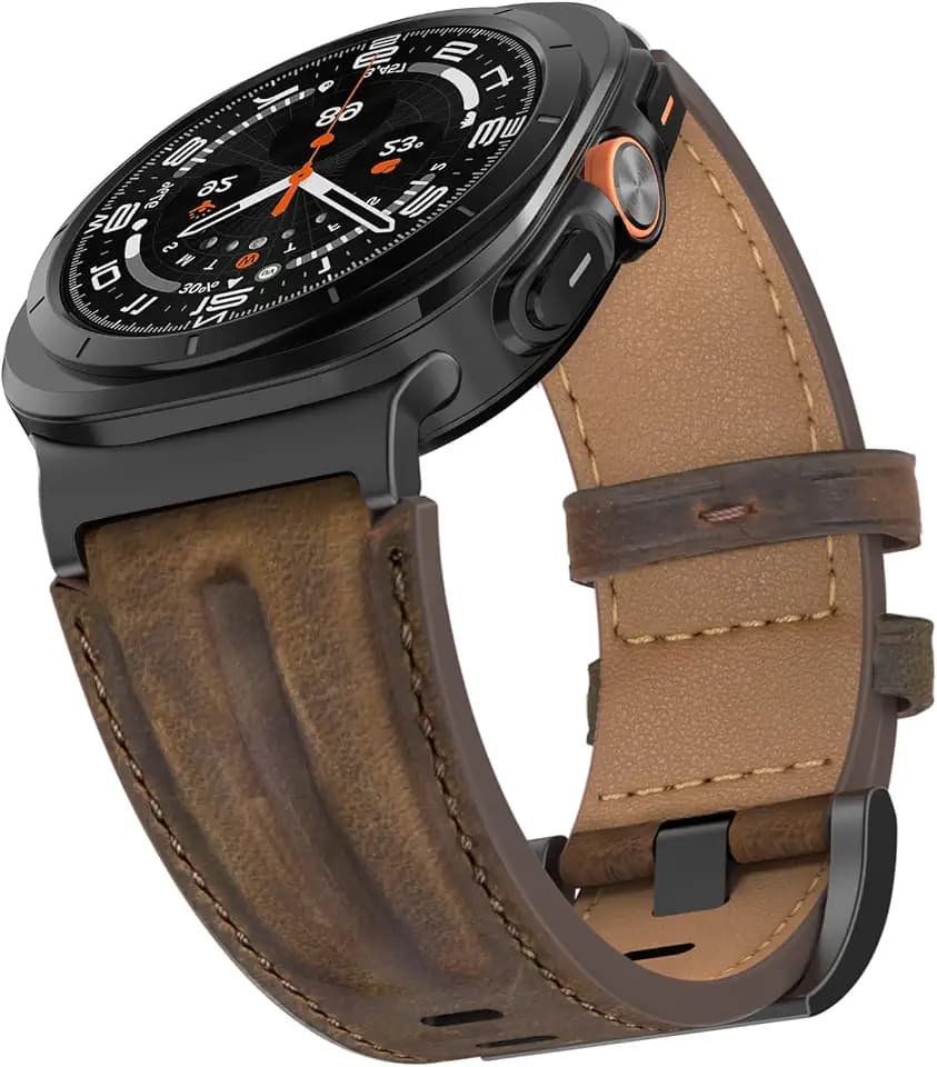 Top Grain Echtlederband kompatibel mit Samsung Galaxy Watch Ultra 2/1 Armband 47mm Herren Frauen, Breite Robuste Metall-Anschlussband für Galaxy Watch Ultra
