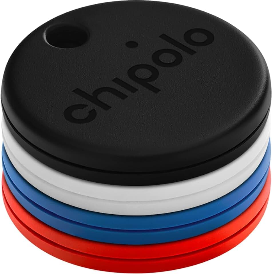 ONE - 4 Pack - Schlüsselfinder, Bluetooth Tracker für Schlüssel, Rucksack, Kostenlose Premium-Funktionen, Funktioniert mit der Chipolo App (für iOS und Android) (Blau, Schwarz, Rot, Weiß)