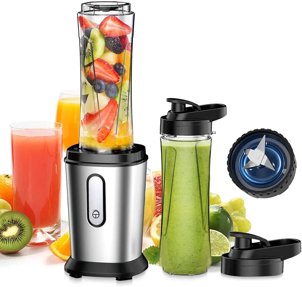 Mixer, 500W Mini Standmixer & Smoothie Maker mit 2x600ml Flaschen BPA frei Tritan, Tragbarer Mixer Smoothie Maker aus Edelstahl 4-Blatt für Shake, Smoothie, Silber (Silber und Schwarz)