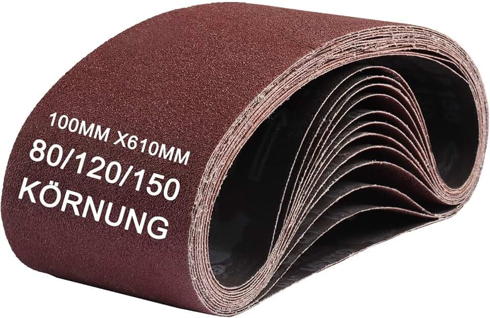 Schleifband Set 100 x 610 mm, 12 Stück Bandschleifer Schleifbänder Körnung 80/120/150, Bandschleifpapier zum Schleifen, Schärfen & Entrosten für Holz, Metall & Stein