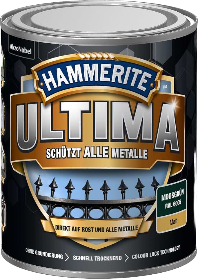 Hammerite Ultima Matt, Metallschutzlack, Hochwertiger Schutzlack für alle Metalle im Außenbereich, Moosgrün RAL6005, 750 ml