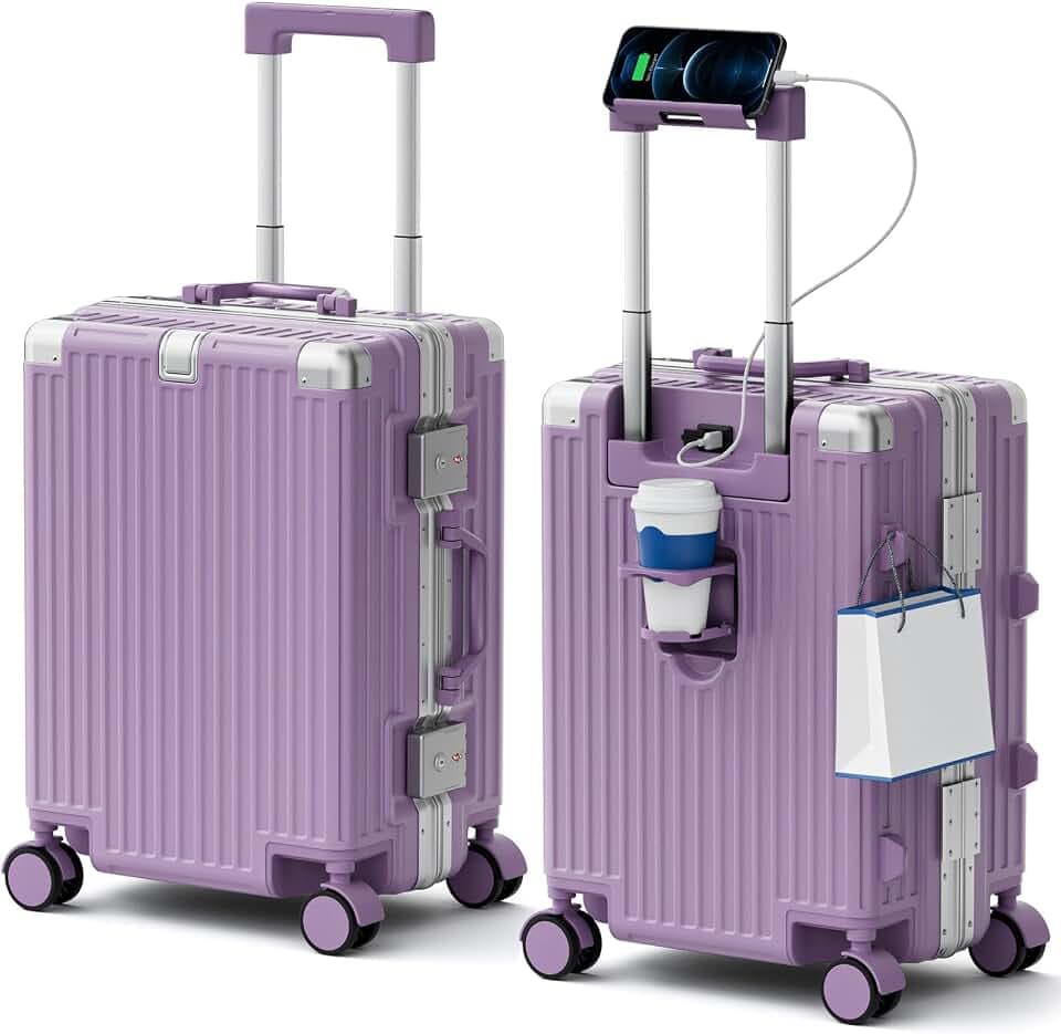 Carry On Luggage, Zipperless Aluminum Frame Suitcase, Purple, 20 in