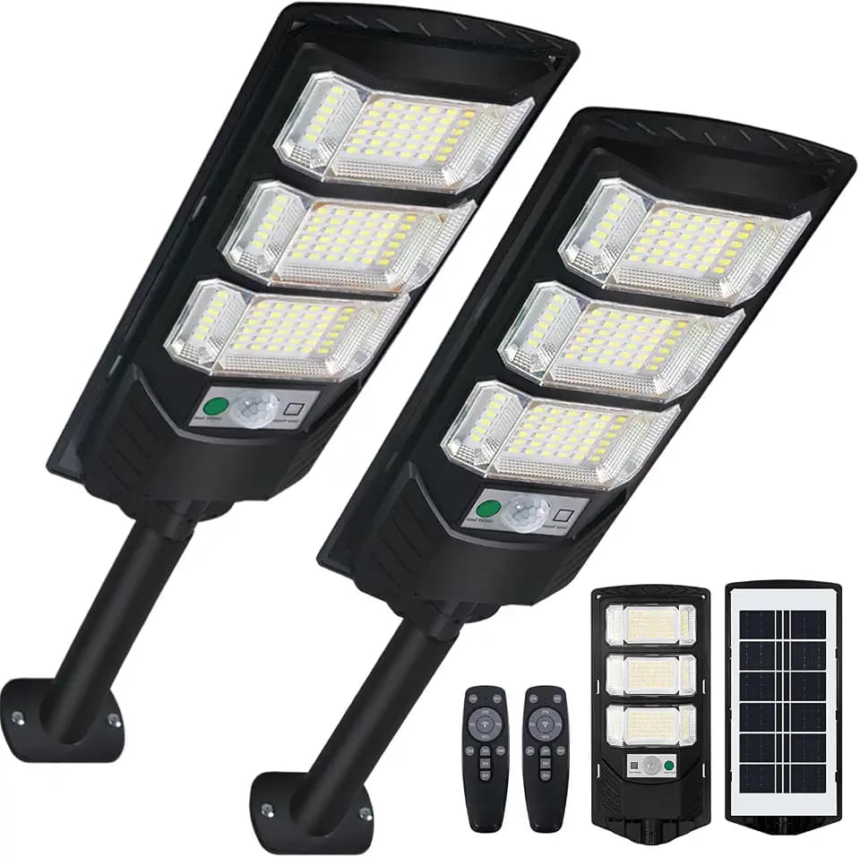 Solar Outdoor Light 2 Pack, 144 LED 6500K Dusk to Dawn Solar Powered Street Light IP65 Waterproof Motion Sensor Security Flood Light with Remote Control Smart Light for Patio Barn Yard Garage