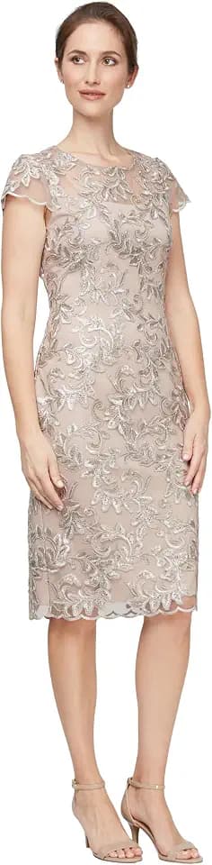 Alex Evenings Womens Short Knee Length Floral Embroidered Cocktail Sheath, Wedding Guest Dress, (Petite and Regular Sizes)