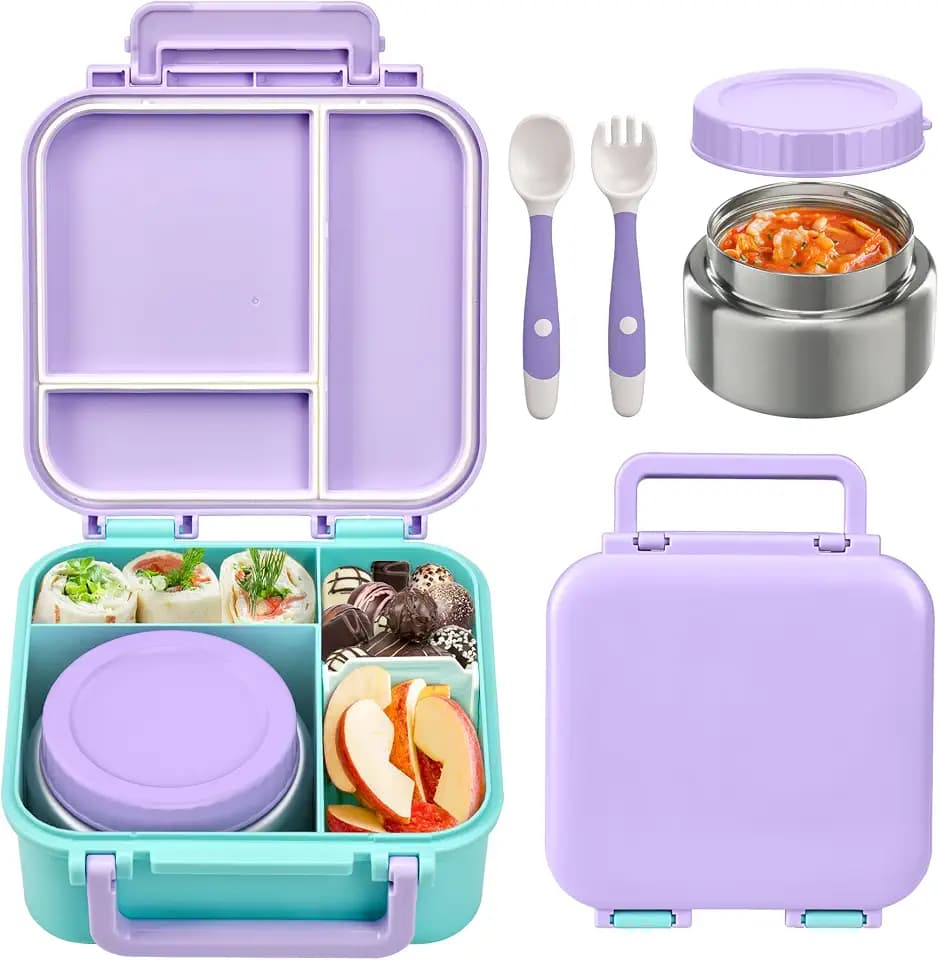 Kids Bento Lunch Box with Soup Thermo (9oz)– Hot & Cold Lunch Container with Leak Proof Insulated Food Jar for School Girls Boys, Ideal Size for Ages 3 to 7, Purple/Blue